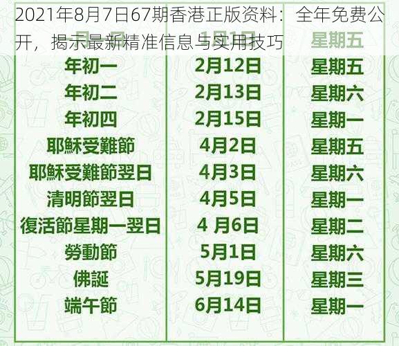 2021年8月7日67期香港正版资料:全年免费公开,揭示最新精准信息与实用技巧