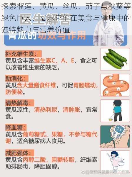 探索榴莲、黄瓜、丝瓜、茄子与秋葵等绿色巨人,揭示它们在美食与健康中的独特魅力与营养价值