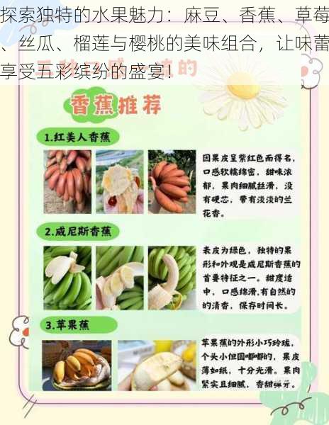 探索独特的水果魅力:麻豆、香蕉、草莓、丝瓜、榴莲与樱桃的美味组合,让味蕾享受五彩缤纷的盛宴!