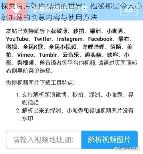 探索污污软件视频的世界:揭秘那些令人心跳加速的创意内容与使用方法